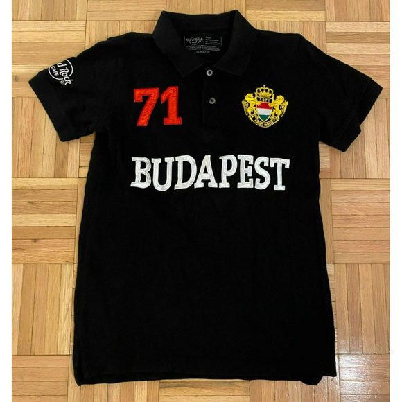 Hard Rock Cafe Budapest Crest Logo Mens Black Polo Golf Shirt Sz Small - Picture 1 of 5